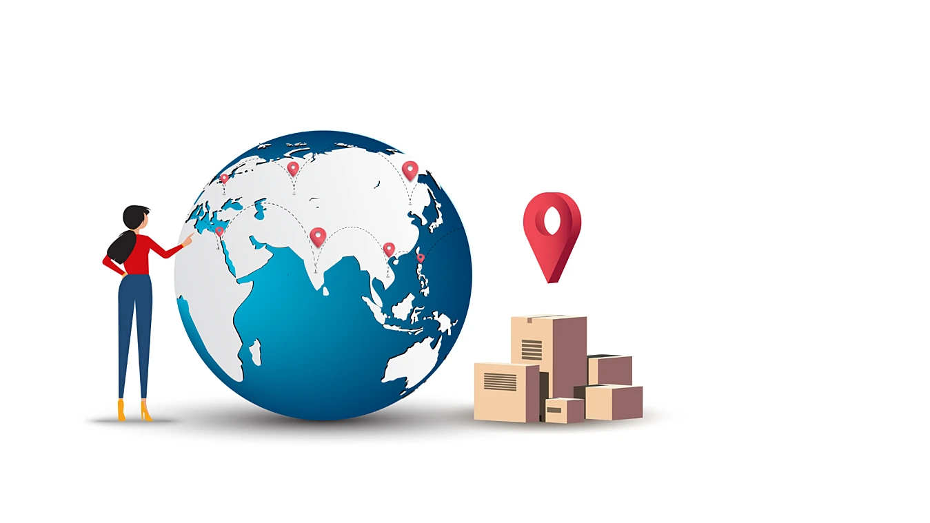 An illustration shows a person pointing to a large globe with location markers. Nearby are stacked cardboard boxes and a large red location pin.