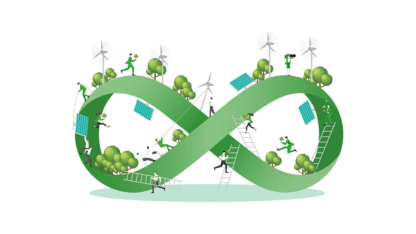 Illustration of people working on green infinity symbol, featuring trees, solar panels, wind turbines, and ladders, symbolizing renewable energy and sustainability.