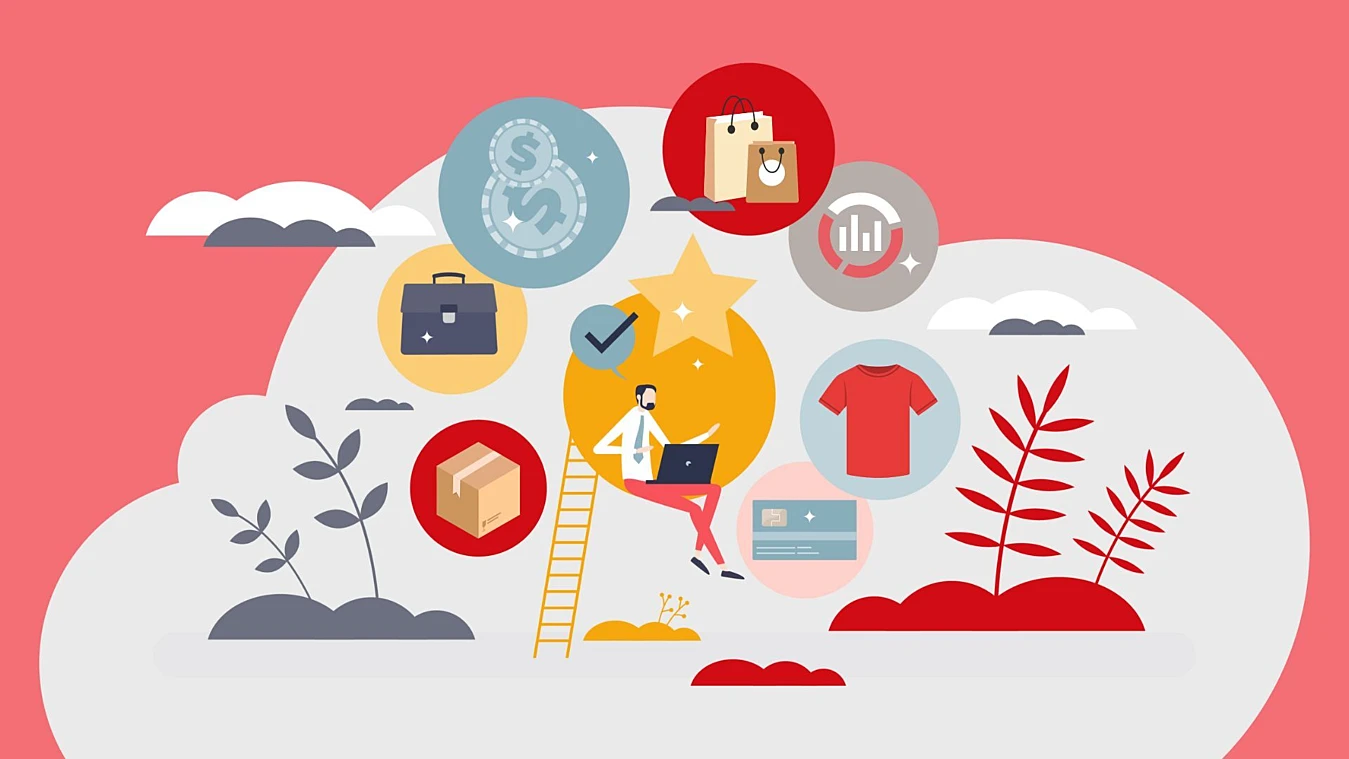 Illustration of a person sitting on a ladder with a laptop, surrounded by icons including a shopping bag, statistics, a briefcase, and a t-shirt, symbolizing e-commerce and business concepts.