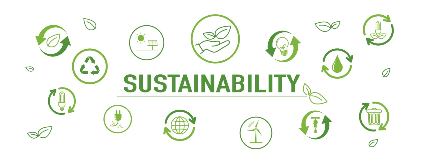 Green sustainability icons with leaves, recycling, energy, and globe symbols surround the word "Sustainability" on a white background.