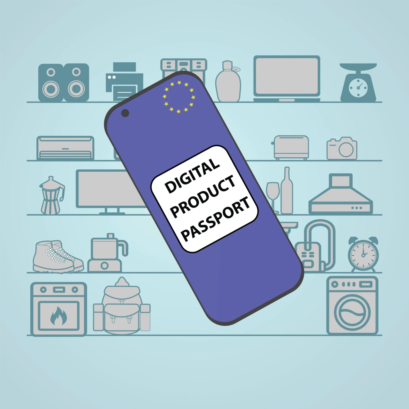 Illustration of a smartphone displaying "Digital Product Passport" with a European Union symbol, surrounded by icons of various household items like appliances and electronics.