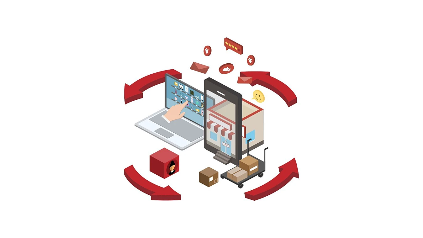 Isometric illustration showing online shopping process with a laptop, shopping cart, and delivery boxes surrounded by red arrows.