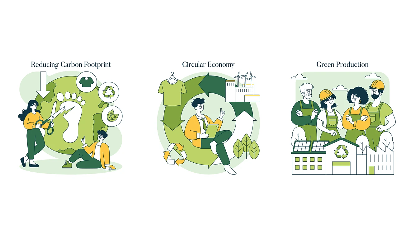 Illustration of sustainability concepts: reducing carbon footprint, circular economy, and green production with people and environmental symbols in green tones.