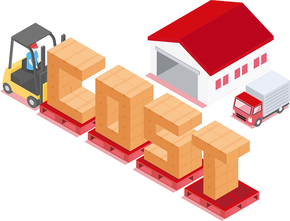 Illustration of the word "COST" made from stacked boxes next to a forklift, warehouse, and truck.