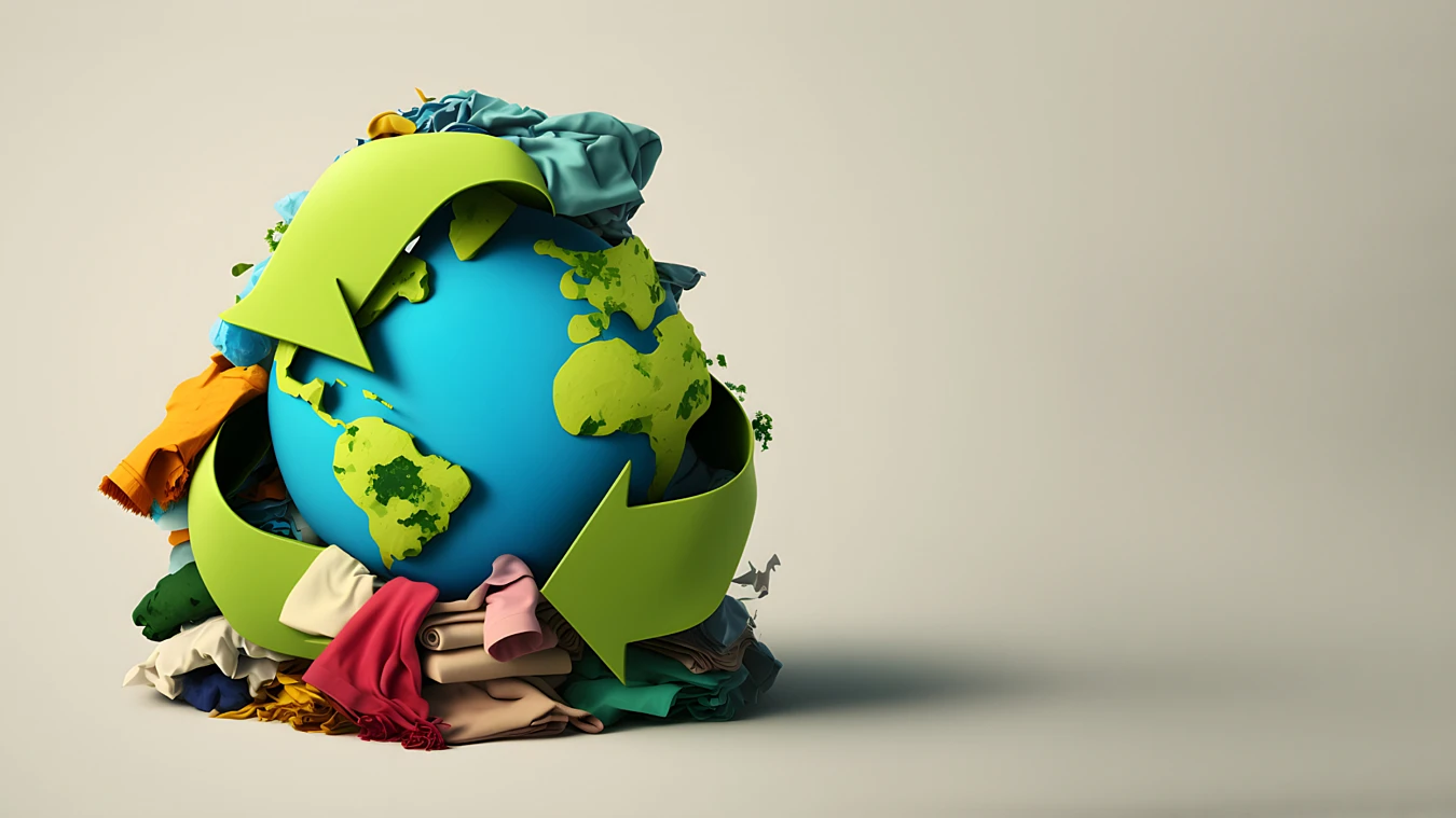 A globe wrapped with recycling arrows is surrounded by various clothes, symbolizing sustainable fashion.