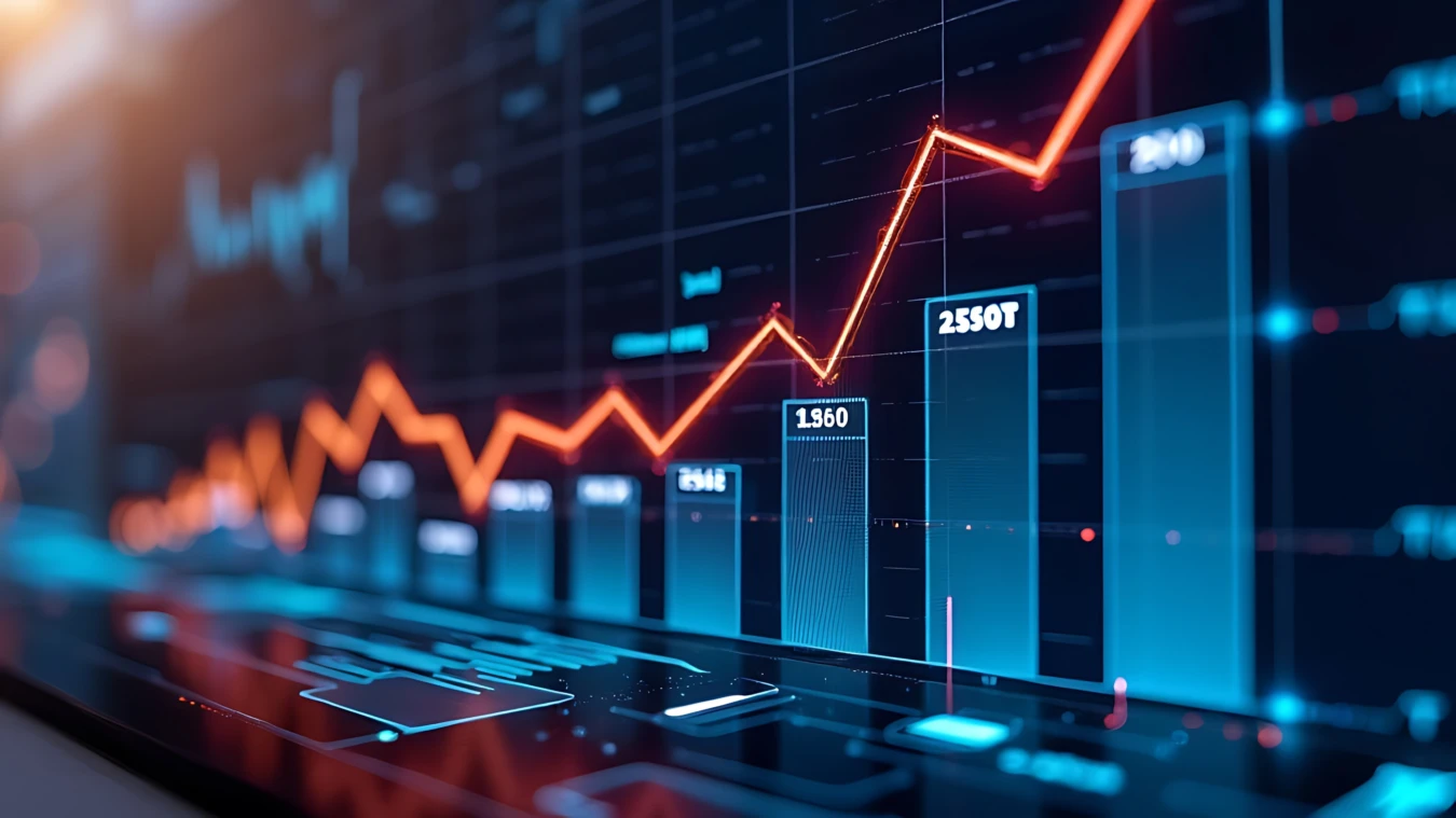 A digital graph with a red rising line and blue bar chart displaying financial data trends on a screen.