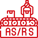 Red line icon of an automated storage and retrieval system (AS/RS) with robotic arm and storage units.