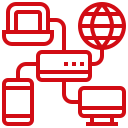 Red icon showing a network diagram with a laptop, smartphone, router, desktop monitor, and globe connected by lines.