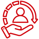 Red icon of a hand supporting a person with an arrow circling overhead, symbolizing user support or customer care.