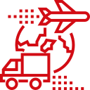 Red icon depicting a truck and an airplane with a globe in the background, symbolizing global transportation and logistics.