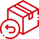 Red icon of a cardboard box with an arrow circling back, indicating a return process.