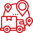 Red icon showing a delivery truck with three location pins connected by dotted lines, representing logistics and transportation.