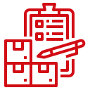 Red icon showing a clipboard with a checklist and a pen, alongside three stacked boxes.