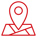 A red icon of a map with a large location pin on top.