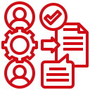 Red icon showing three people around a gear, linked to a document and chat symbol with a checkmark.