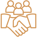 Icon of a handshake in the foreground with three silhouettes of people in the background, suggesting collaboration or agreement.