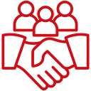 Red icon depicting three people above two hands shaking, symbolizing agreement or teamwork.