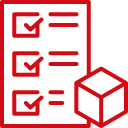 A red outline drawing of a checklist with three checkmarks next to a cube on the right.