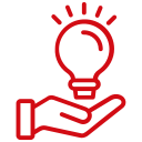 An icon of a red hand holding a light bulb with rays shining outward, symbolizing creativity or ideas.